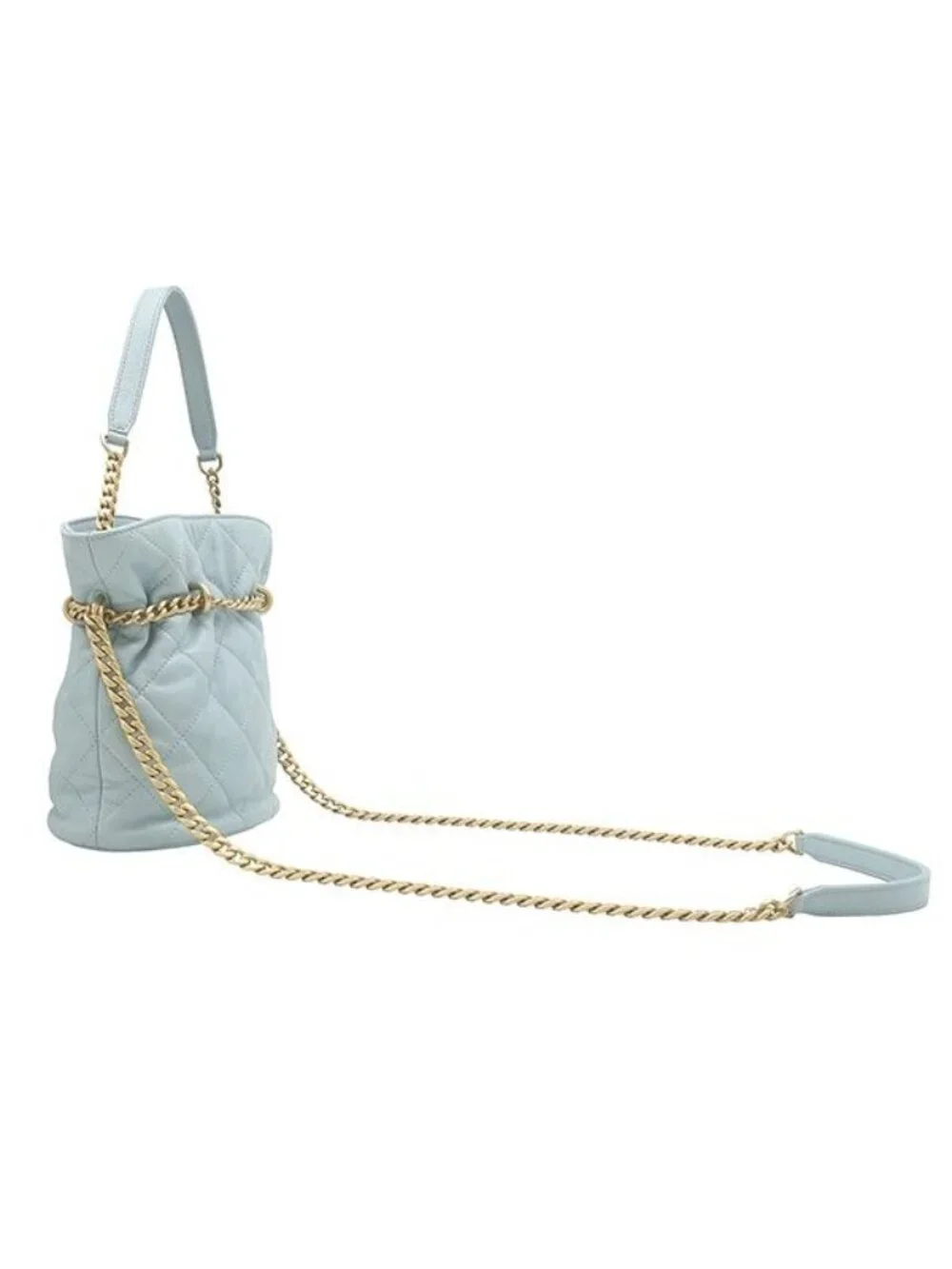 Chanel 2-Way Quilted Mini Bucket Bag Lambskin Light Blue Gold